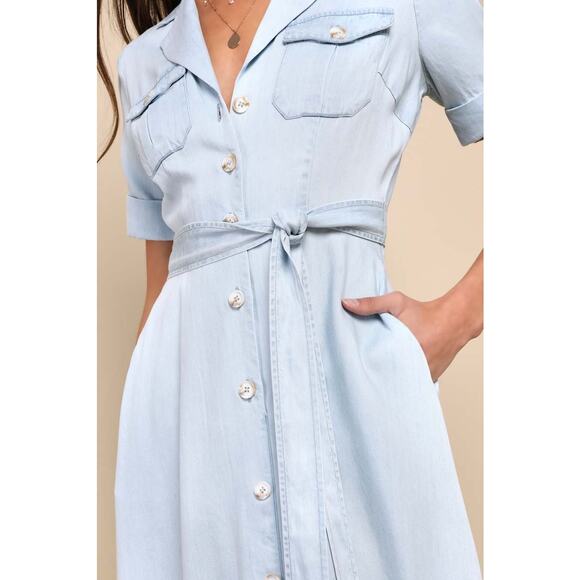 NWT Lulus Pleasant Cutie Blue Chambray Collared Midi Dress With Pockets Size L - Picture 3 of 9